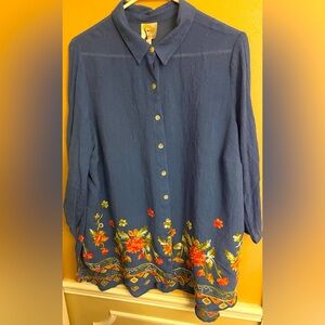 Anthropologie Fig & Flower emboidered button down tunic blouse women's size 1x